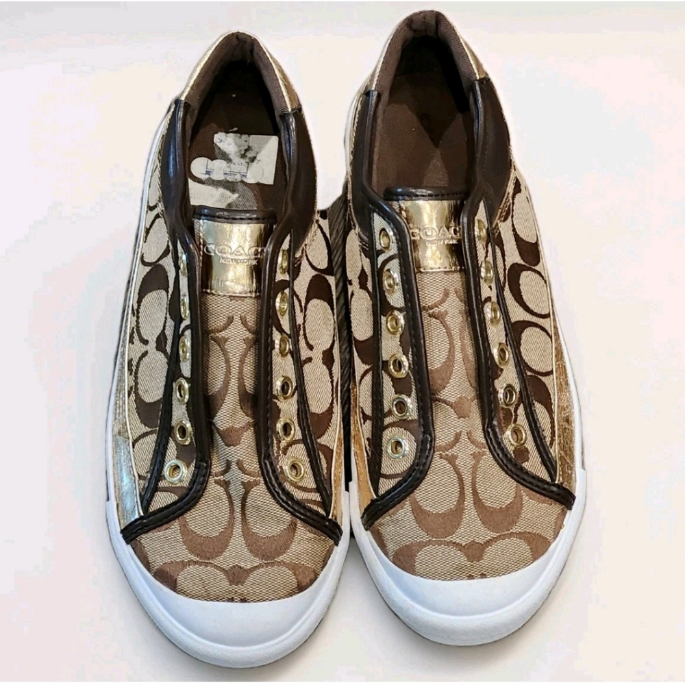 [SOLD] Coach New York Brown and Metallic Gold Signature Laceless Sneakers